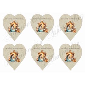   Betlehemes jelenet csendes éj felirattal kraft papír szíveken - 9 cm