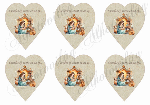 Betlehemes jelenet csendes éj felirattal kraft papír szíveken - 9 cm