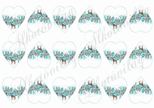 Karácsonyi mintás készlet kék-barna színekben - SZARVASOK HÁZIKÓKKAL MINI SZÍVEKEN - 5 cm magas