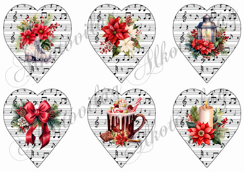 Kottás szívek karácsonyi motívumokkal - 9 cm magas