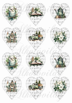 Kottás szívek zöldes karácsonyi motívumokkal - 6,5 cm magas