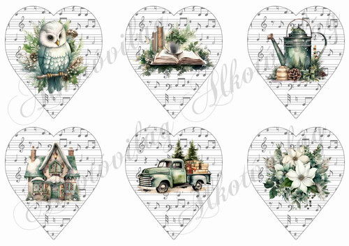 Kottás szívek zöldes karácsonyi motívumokkal - 9 cm magas