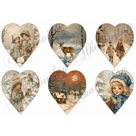 Szívek karácsonyi vintage mintákkal - 9 cm magas