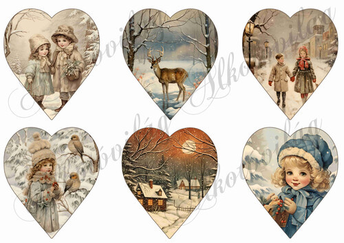 Szívek karácsonyi vintage mintákkal - 9 cm magas