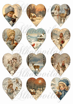 Szívek karácsonyi vintage mintákkal 6,5 cm magas