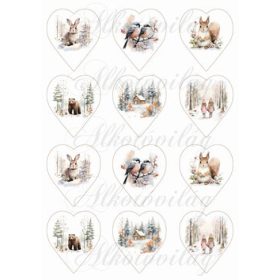 Téli pasztell képek állatkákkal 6,5 cm magas szívekben