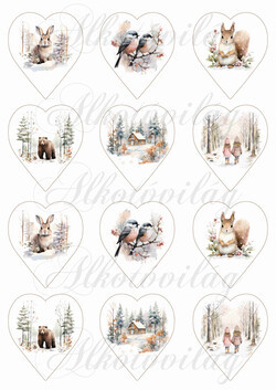 Téli pasztell képek állatkákkal 6,5 cm magas szívekben