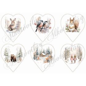 Téli pasztell képek állatkákkal 9 cm magas szívekben
