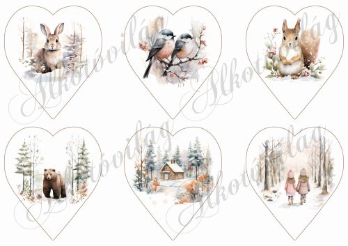 Téli pasztell képek állatkákkal 9 cm magas szívekben