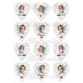   Tüneményes angyalkák türkiz ruhában halvány kottás háttérrel - 6,5 cm magas