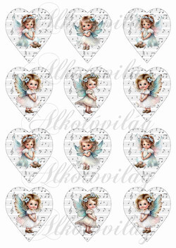 Tüneményes angyalkák türkiz ruhában halvány kottás háttérrel - 6,5 cm magas