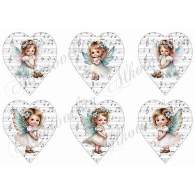   Tüneményes angyalkák türkiz ruhában halvány kottás háttérrel - 9 cm magas