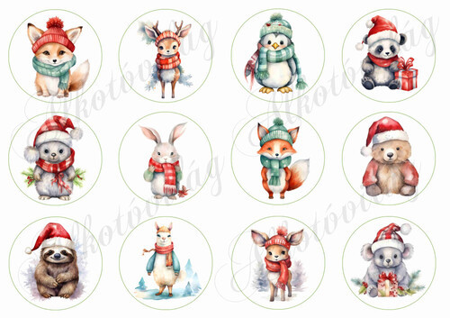 Übercuki kézzel festett téli állatkák 6 cm-es körökben