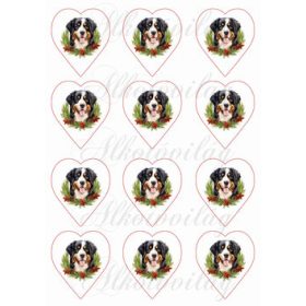   Bernipásztor kutyus karácsonyi koszorúban 6,5 cm-es szívekben