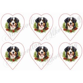   Bernipásztor kutyus karácsonyi koszorúban 9 cm-es szívekben