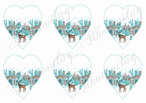 Karácsonyi mintás készlet kék-barna színekben - SZARVASOK HÁZIKÓKKAL SZÍVEKEN - 9 cm magas