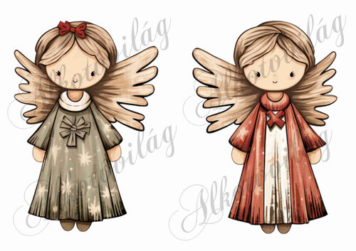 Kedves angyalkák barnás és zöldes ruhában - 17,5 cm magas