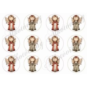   Kedves angyalkák barnás és zöldes ruhában - 6 cm körökben