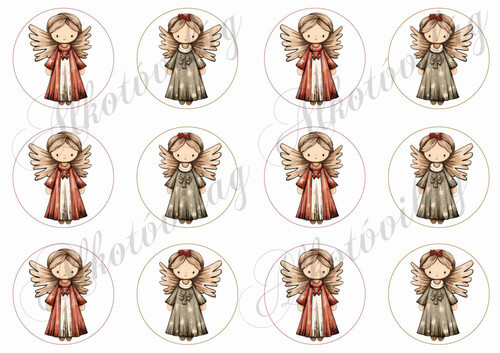 Kedves angyalkák barnás és zöldes ruhában - 6 cm körökben