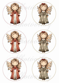 Kedves angyalkák barnás és zöldes ruhában - 8,5 cm körökben