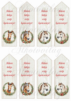 Könyvjelzők lovakkal - karácsonyi koszorúkban 13 x 4,3 cm