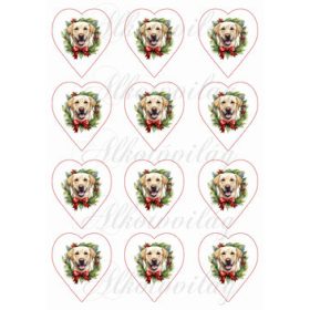 Labrador kutyus karácsonyi koszorúban 6,5 cm-es szívekben