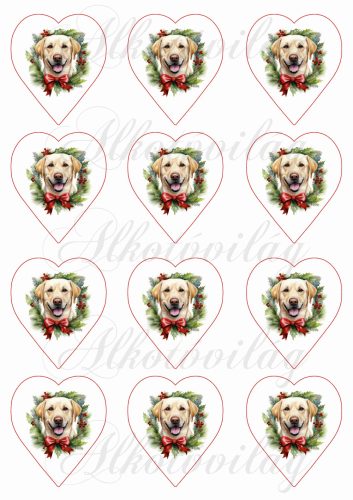 Labrador kutyus karácsonyi koszorúban 6,5 cm-es szívekben