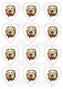 Labrador kutyus karácsonyi koszorúban 6,5 cm-es szívekben