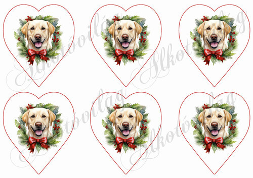 Labrador kutyus karácsonyi koszorúban 9 cm-es szívekben
