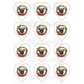 Mopsz kutyus karácsonyi koszorúban 6,5 cm-es szívekben