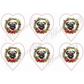 Mopsz kutyus karácsonyi koszorúban 9 cm-es szívekben