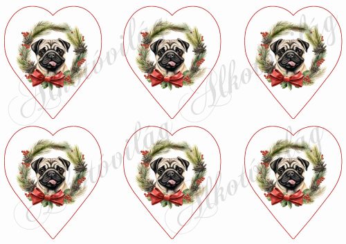 Mopsz kutyus karácsonyi koszorúban 9 cm-es szívekben