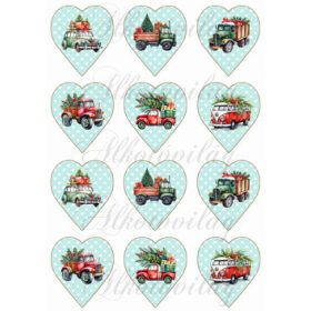 Karácsonyi autók pöttyös mentás szíveken 6,7 cm magas
