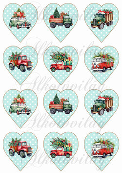 Karácsonyi autók pöttyös mentás szíveken 6,7 cm magas