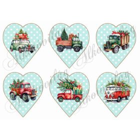 Karácsonyi autók pöttyös mentás szíveken 9,5 cm magas