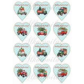   Karácsonyi autók pöttyös mentás szíveken BOLDOG KARÁCSONYT felirattal 5,7 cm magas