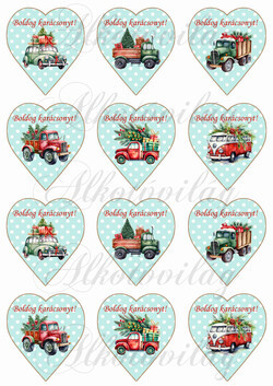 Karácsonyi autók pöttyös mentás szíveken BOLDOG KARÁCSONYT felirattal 5,7 cm magas