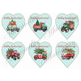   Karácsonyi autók pöttyös mentás szíveken BOLDOG KARÁCSONYT felirattal 9,5 cm magas