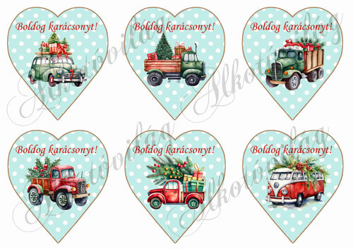 Karácsonyi autók pöttyös mentás szíveken BOLDOG KARÁCSONYT felirattal 9,5 cm magas