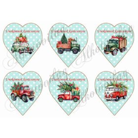   Karácsonyi autók pöttyös mentás szíveken UNOKÁMNAK KARÁCSONYRA 9,5 cm magas