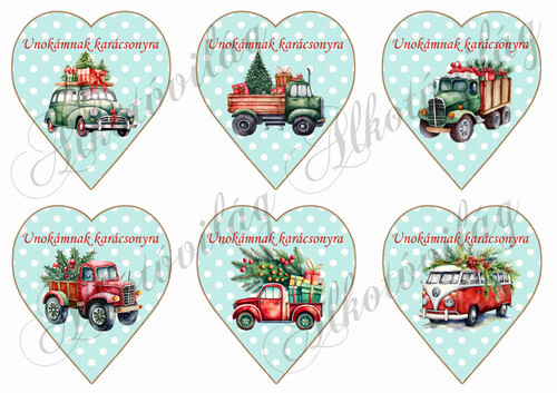 Karácsonyi autók pöttyös mentás szíveken UNOKÁMNAK KARÁCSONYRA 9,5 cm magas