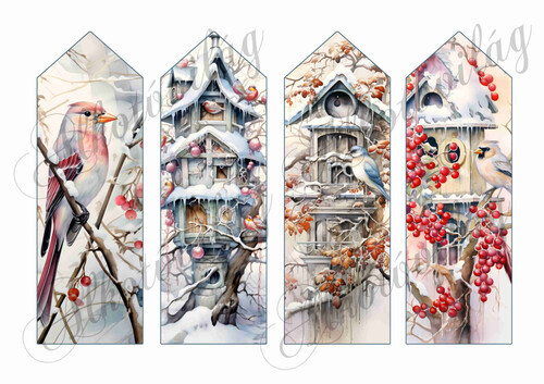 Könyvjelzők karácsonyi kismadarakkal és madáretetőkkel 2 - 16,5 x 5,5 cm
