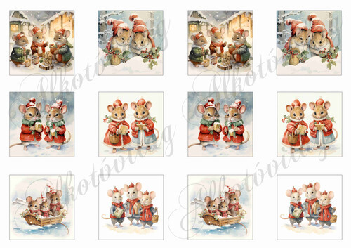 Négyzetek karácsonyi kisegerekkel 5,5 x 5,5 cm