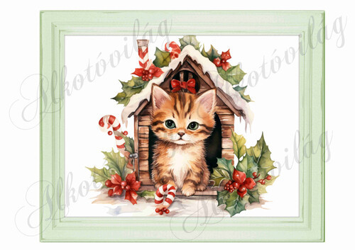 Bájos kisica házikóval 24 x 19,5 cm