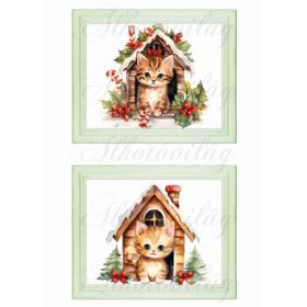 Bájos kisicák házikóval 15,5 x 13 cm