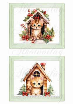 Bájos kisicák házikóval 15,5 x 13 cm