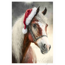 Ló mikulássapkában, hóesésben 19 x 28 cm