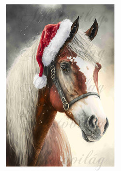 Ló mikulássapkában, hóesésben 19 x 28 cm