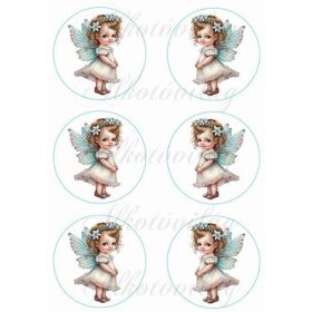   Tüneményes türkiz ruhás álló angyalkák 9 cm-es körökben