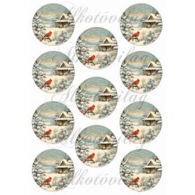   Vintage téli táj házikóval, kismadárral - 6,5 cm körökben